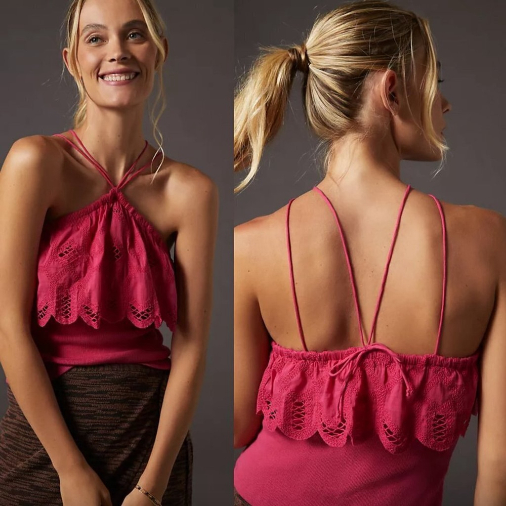 NWT Anthropologie Fuchsia Hot Pink Ruffled Halter Tank Top Eyelet Lace Ribbed S